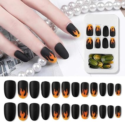 Tjjl 24 Piezas Unas Postizas Con Pegamento Negro Mate Diseno Manicura Encantos Unas Unas Acrilicas Falso Fuego Llama Prensa En Unas Para Nina Amazon Com Mx Herramientas Y Mejoras Del Hogar