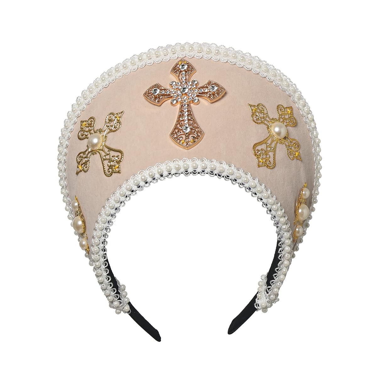 BPURB Tudor Queen Coronet Hooded Hat for Women Anne Boleyn Hat Headwear Elizabethan Headwear French Royal Headband for Cosplay Party,Beige