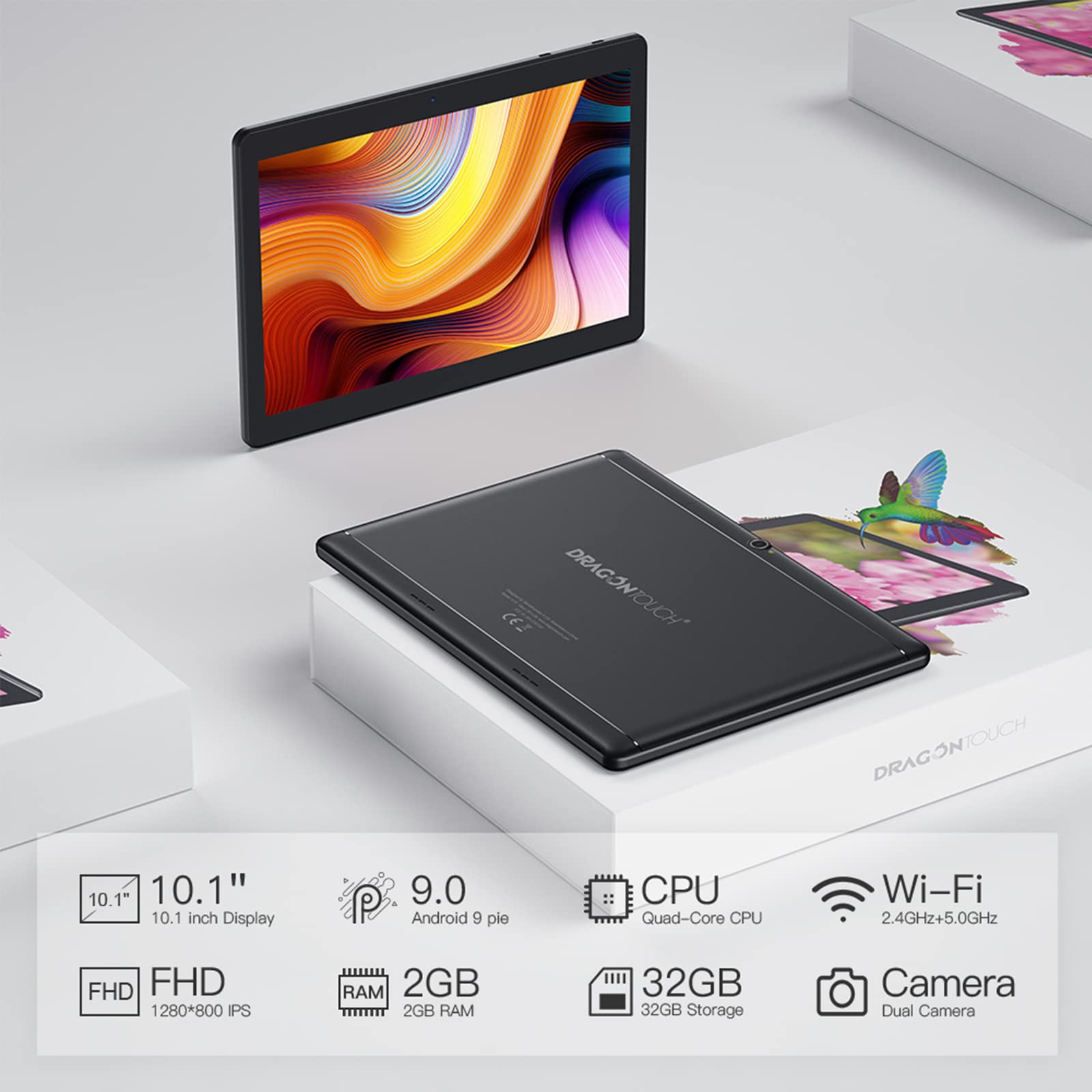 Dragon Touch Tablet 10 inch with 32 GB Storage, Android Tablet, Quad Core Processor, IPS HD Display, 8MP Camera, GPS, FM, 2.4Ghz & 5G WiFi with Micro HDMI Port - Black