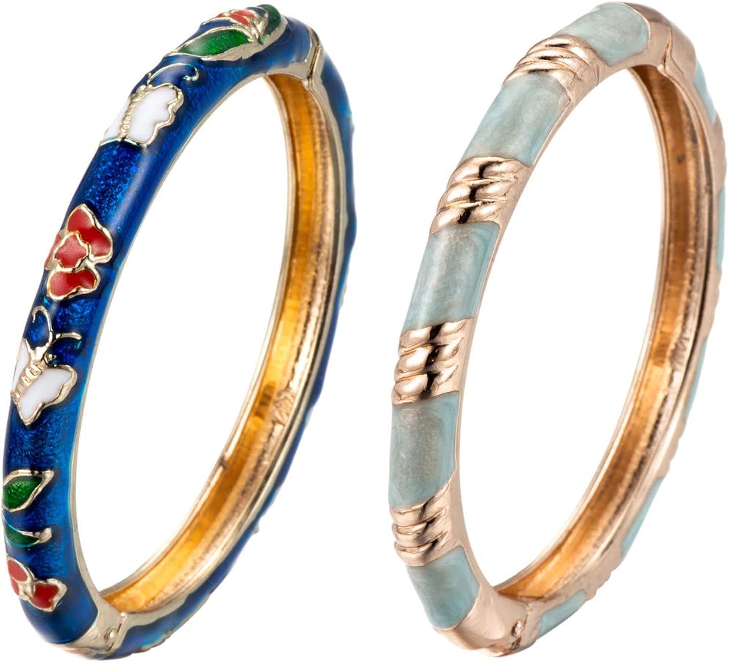 UJOY Vintage Cloisonne Bangle Exquisited Flower Enameled Open Cuff Bangle Thin Wrist Bracelet for Women 3PCS Rose gold bracelet for women Pink Mum Bracelet