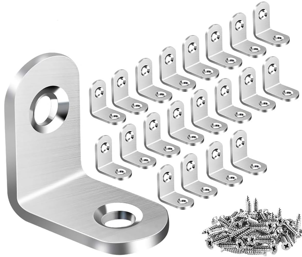 ZiYuya Corner Braces Metal L Bracket Heavy Duty Joint Right Angle Shelf Support Wall Bracket for Shelves Wood Furniture Cabinet (Silver, 20 Pack, 20mm x 20mm)