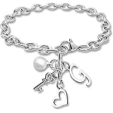 Initial A-Z Bracelets Gift for Women Girls Stainless Steel Chain Bracelet 26 Alphabet Jewelry Gifts for Birthday Anniversary Letter Bracelet Monogram Gifts for Sister Friend Girlfriends Mom 8.26 Inch
