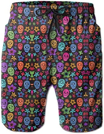 Sugar Skull With Stars And Flowers Beach Boys Quick-dry Breathable Beach Shorts With Pockets