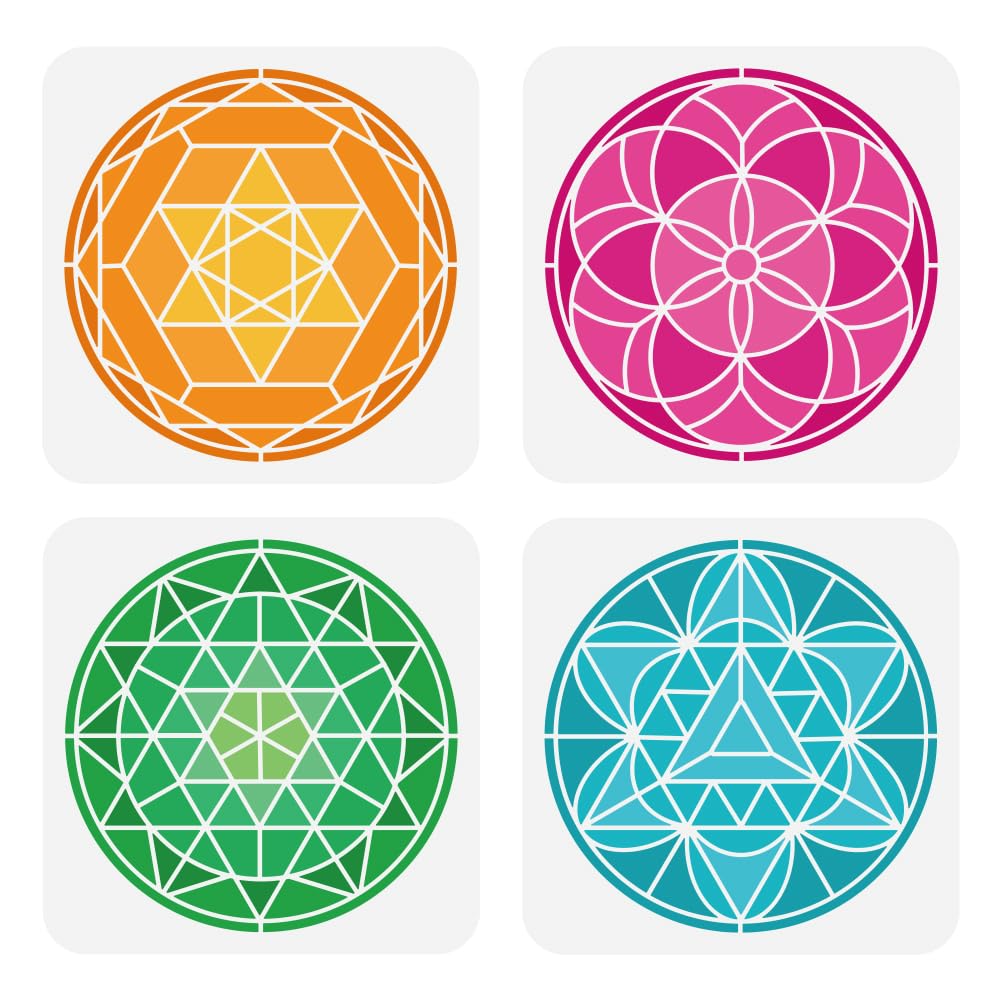 FINGERINSPIRE 4 Pcs Geometric Flowers Painting Stencils 20x20cm PET Flower of Life Spraying Stencils Reusable Crystal Grid Art Wall Stencil Religion Themes Templates for DIY Scrapbook Photo Album