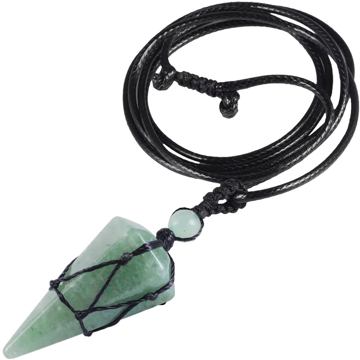 KYEYGWO Hexagonal Crystal Pendant with Adjustable Leather Cord, Polished Pointed Quartz Stone Healing Necklace Reiki Pendulum Chain, Green Aventurine