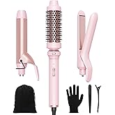 Wavytalk 3 in 1 Curling Wand Set, Multi Curl, Curling Iron Set with Heated Round Brush, Flat Iron Hair Straightener, 1 1/4 inch Curling Iron, Dual Voltage Hair Curler(Pink)