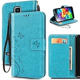 Galaxy S5 Case, Premiun Wallet Leather Credit Card Holder Butterfly Flower Pattern Flip Folio Stand Case for Samsung Galaxy S5 NEO With a Wrist Strap (Blue)