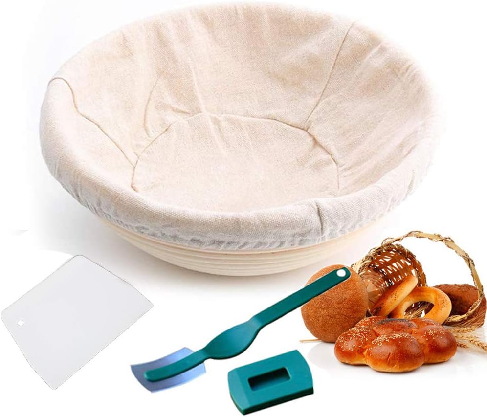 MEETWAY 10 Inch Round Bread Proofing Basket with Linen Liner Dough Scraper Bread Lame Dough Rising Baking Bowl Gifts for Bakers(1 Pack)