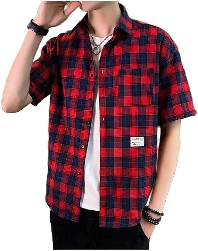 MU2M Mens Relaxed Fit Short Sleeve Fashion Plaid Big & Tall Shirt