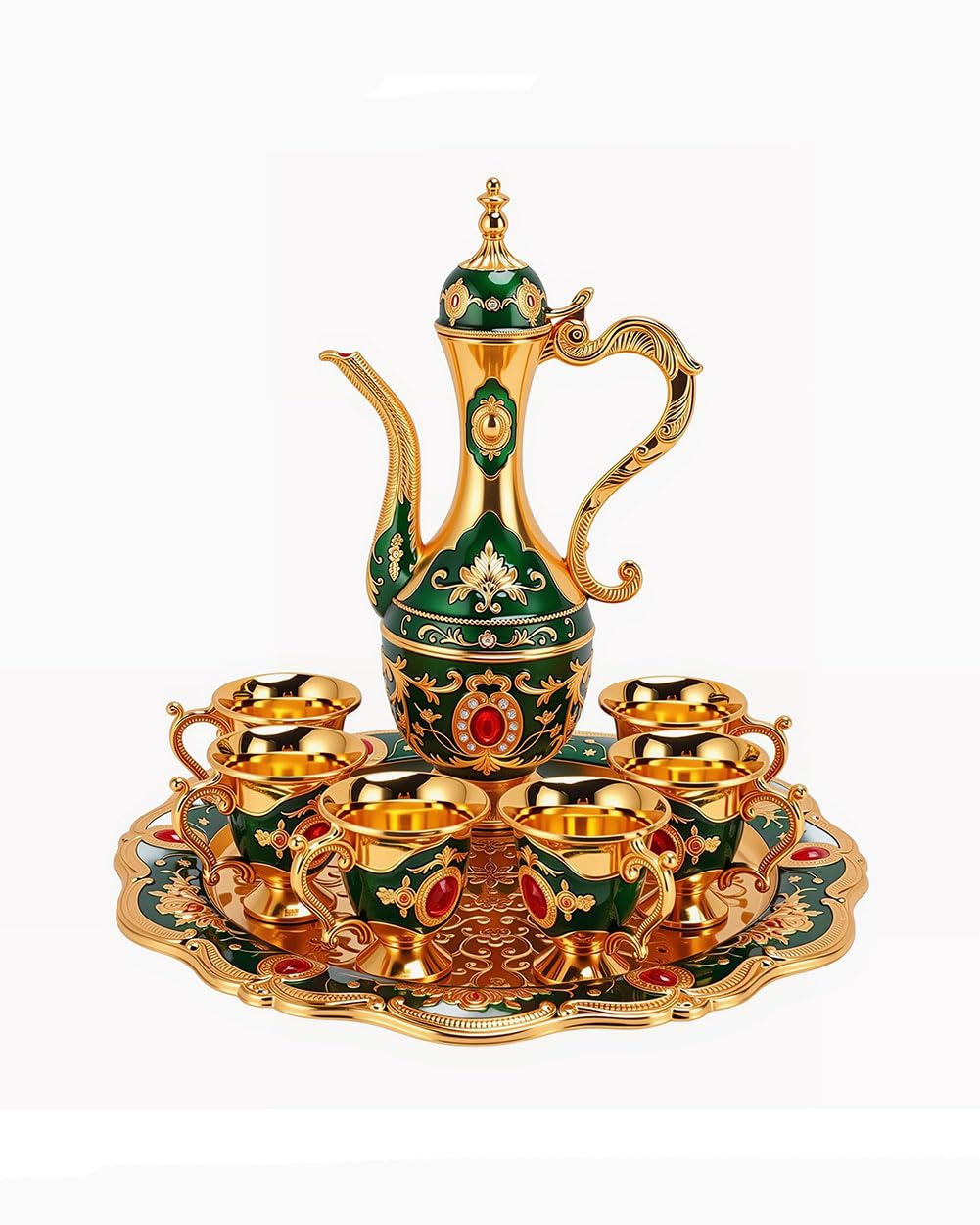 Photo 1 of Vintage Turkish Coffee Pot Cups Set with Tray and 6 Cups Retro Coffee Pot Cups Set Exquisite Wine Pot Set Decorative Vintage Tea Service Set for Home Party Decor (Green)