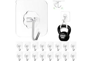 ZESLMG Adhesive Wall Hooks for Hanging, 16 Pack Self Sticky Hook No Drill | 22lbs Max Heavy Duty Clear Hooks No Damage for Pi
