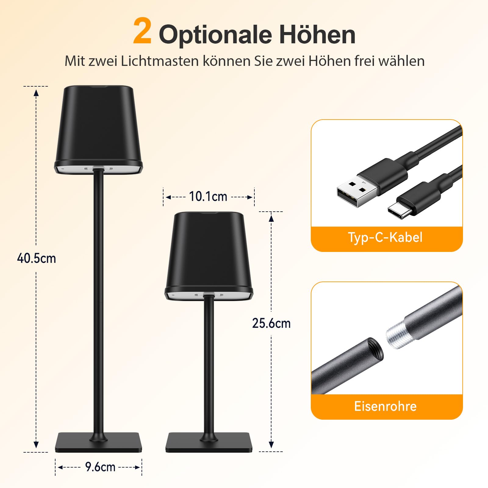 RECHOO LED Tischlampe Kabellos 2 Stück , Dimmbare Nachttischlampe Touch, Schreibtischlampe, Lese Lampe, Tischleuchte Outdoor und Indoor, USB-C, Camping Lampe, Warmweißes Licht 3