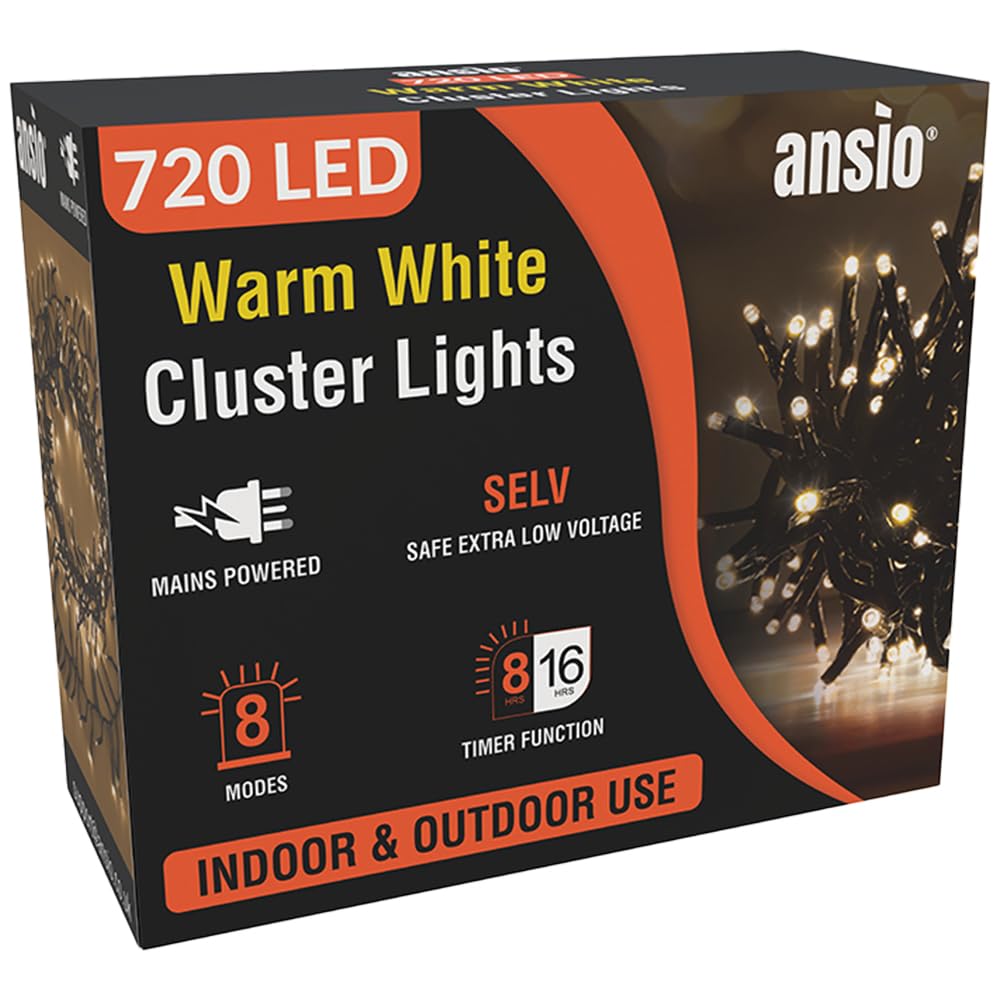 ANSIO Christmas Lights 720 LED 9m/29ft Cluster Christmas Tree Lights for Indoor & Outdoor Warm White Decorations Fairy Lights with Timer for Xmas Garden Bedroom & Party | Mains Powered Green Cable — image 1
