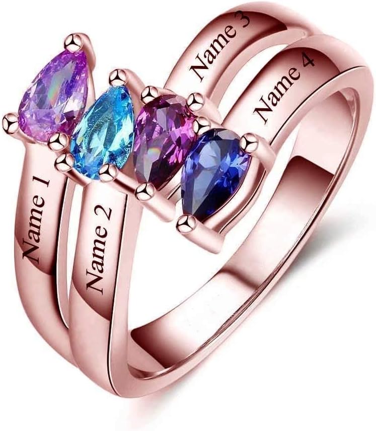 Godchoices Personalized Mothers Rings with 4 Birthstones - Custom Engraved Name Rings -Personalized Gift