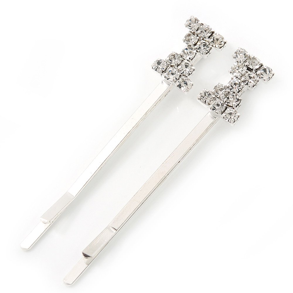 2 Rhodium Plated Clear Crystal 'Bow' Hair Grips/Slides - 55mm Across