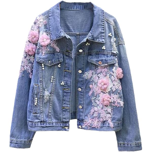 Amazon.com: Kelsiop Spring Women's Denim Jacket Embroidery Three