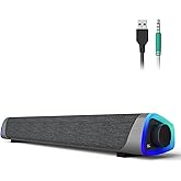 SOULION R30 Computer Speakers, USB Powered PC Speaker, Colorful LED Lights with Switch Button, 3.5mm Aux Surround Soundbar for Desktop Laptop Monitor Office Work Music Gray