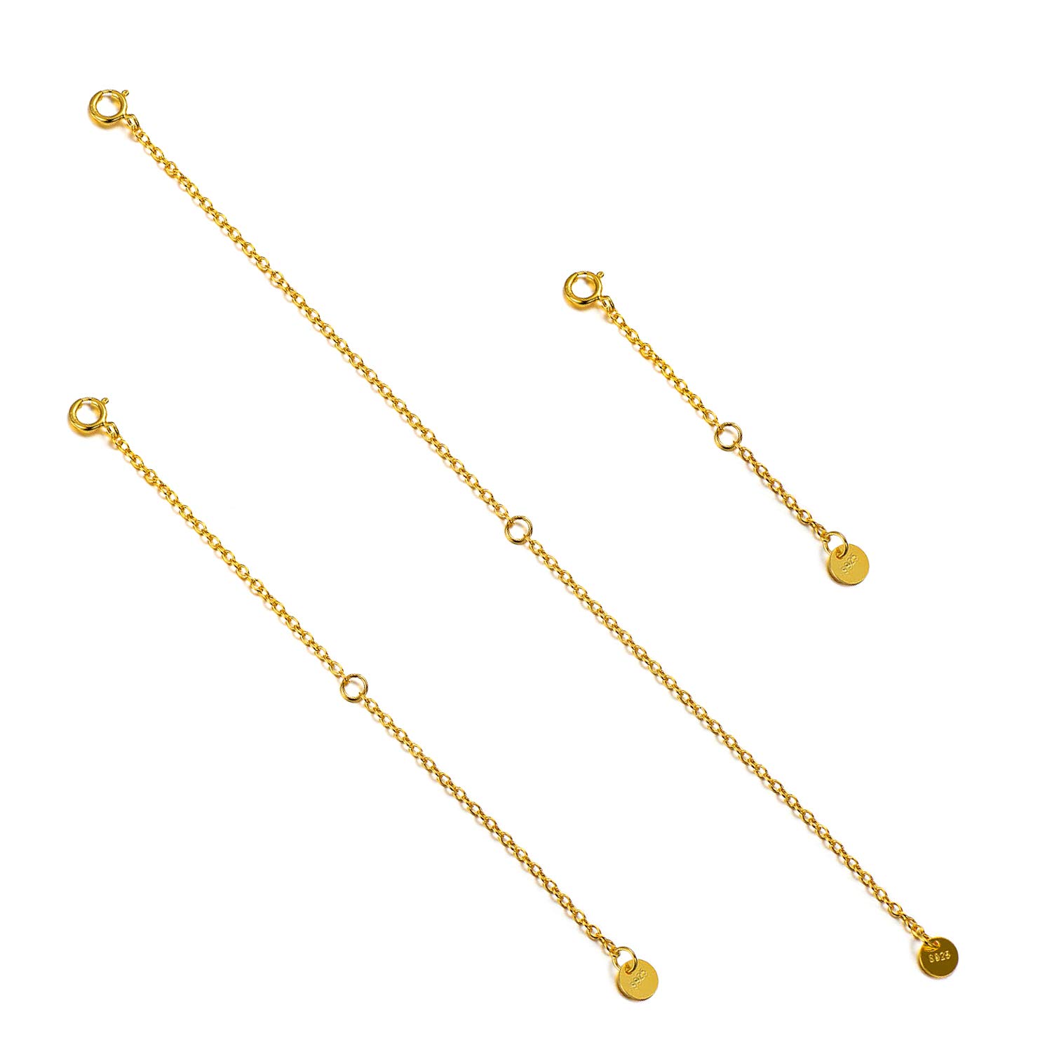 LONAGO 3PCS 925 Sterling Silver Necklace Extender Chain Bracelet Extender for Jewelry Making (Yellow)