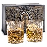 Elegant Whiskey Glass Set of 2 in a Spectacular Gift Box by Regal Trunk & Co. | 10 Oz Old Fashioned Lead Free Whiskey Glasses Set for Whisky Bourbon Scotch or Rum | Perfect Gift | Diamond Cut Design
