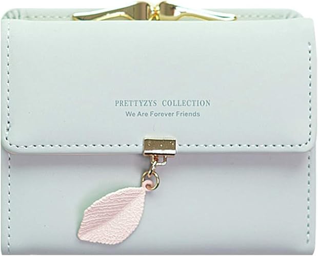 Amazon がま口財布 レディース スモール 二つ折りウォレット 葉柄金具 レザー かわいい ラウンドコイン お札入れ カードケース お札財布 小銭入れ コンパクト 女性用プレゼント クリスマス 和風 水色 短め 財布