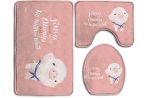 CoolSomeJieS Bath Mat,3 Piece Bathroom Rug Set,Cute Pig Flannel Non Slip Toilet Seat Cover Set,Large Contour Mat,Lid Cover for Men/Women