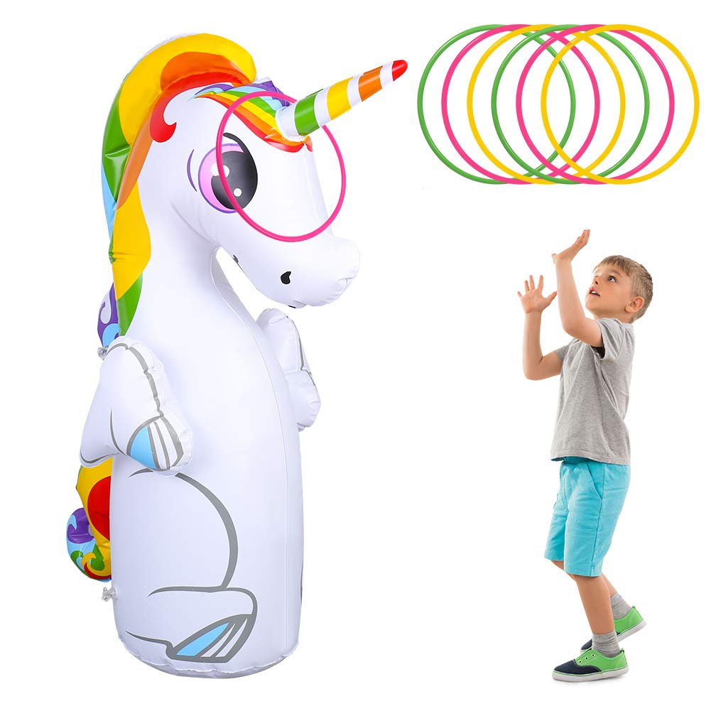 olyee Inflatable Unicorn Boxing Punching Bop Bag, 50'' Tall Kids Punching Inflatable Bag Roly-poly Toy Children Sandbags Boxing Target Bag with 6 Toss Rings for Energy Release, Practicing Karate
