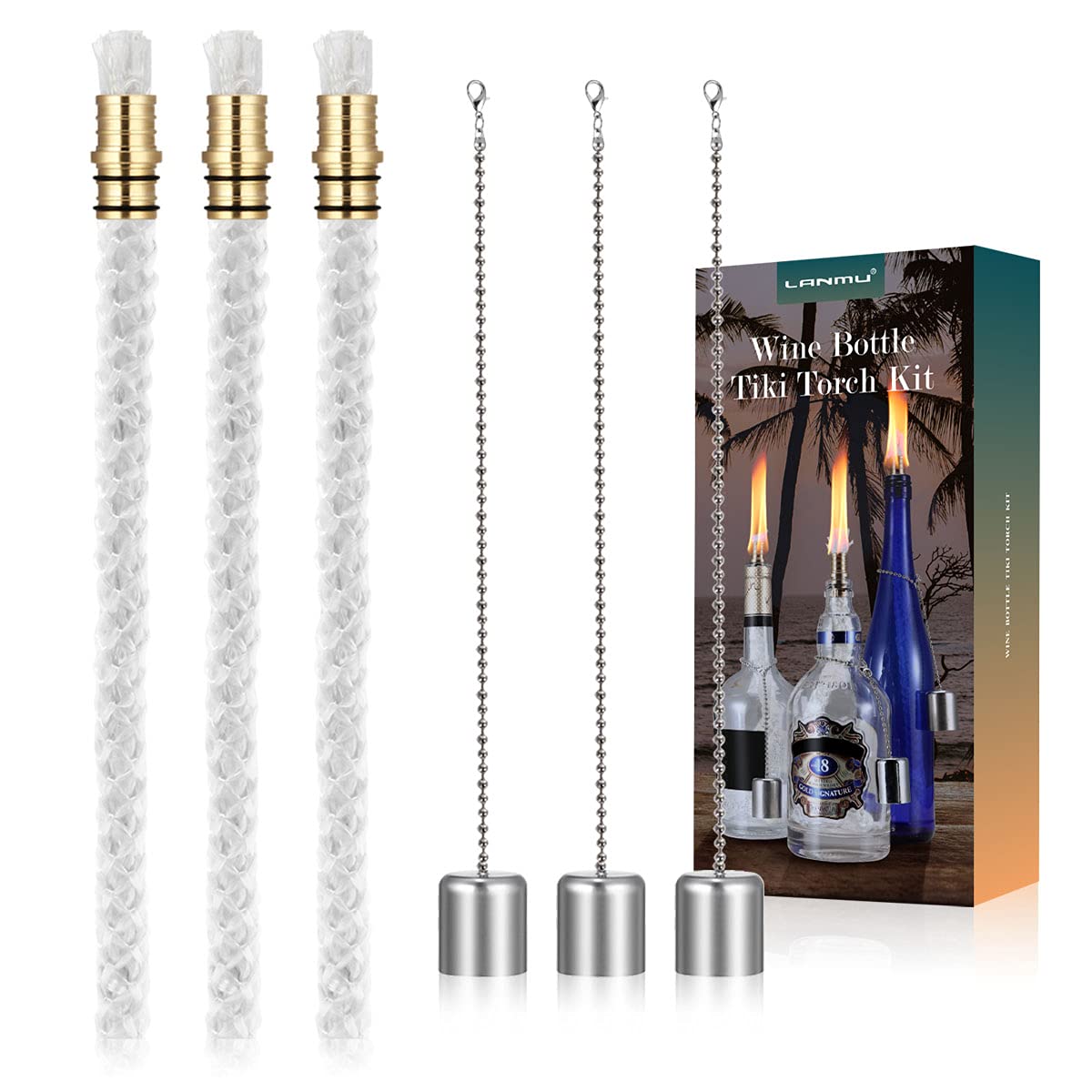 LANMU Wine Bottle Torch Wicks, Outdoor Patio Backyard Torches Lights, Oil Lamps Glass Replacement Wick Hardware Kit, DIY Homemade Torch Decor (3 Pack)