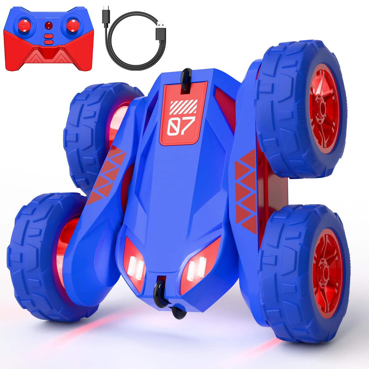 Dual Direct Charging Remote Control Cars with LED Light,High Speed 2.4Ghz 4WD Rc Stunt Car,Indoor and Outdoor 360° Rotates 180°Flips Electric Vehicle Toys Gifts for 3-12 Year Old Boys Girls Kids