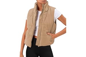 AUTOMET Puffer Vest Women Sleeveless Winter Cropped Outerwear Warm Puffer Lightweight Stand-up Collar Down with Pockets