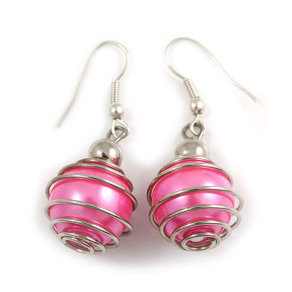 Silver Tone Pink Faux Pearl Bead Drop Earrings - 4cm Drop