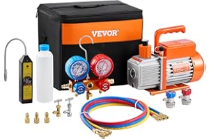VEVOR 4.5 CFM AC Vacuum Pump and Gauge Set, Single Stage Rotary Vane HVAC Air Vacuum Pump, A/C Refrigerant Manifold Gauge Kit, with Leak Detector Hoses, for R134a, R12, R22, R502a, R410A, R404, R407C