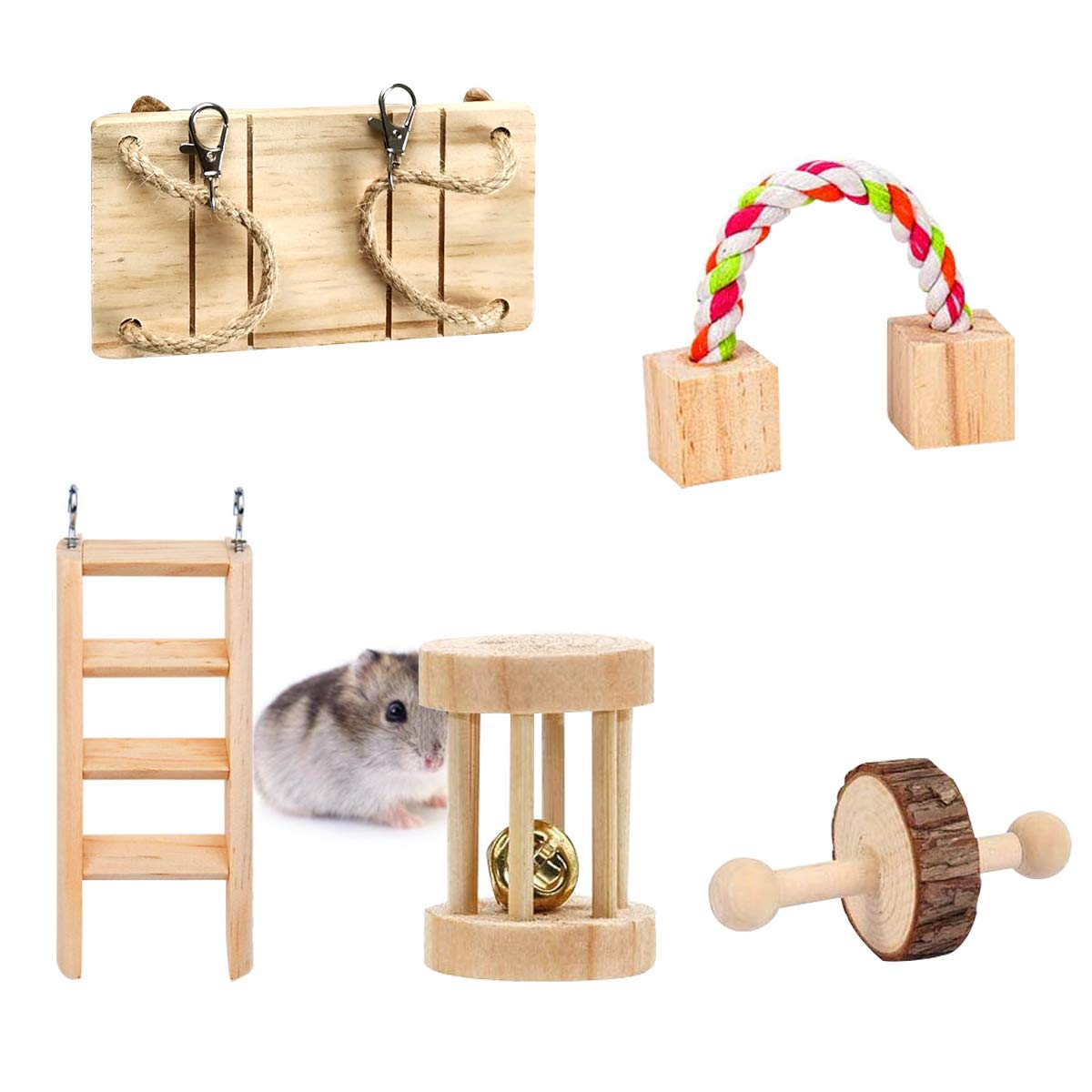 Sungkeen Hamster Chew Toys, Guinea Pig Toys Natural Wooden Gerbil Rats Chinchillas Toys Accessories Dumbells Exercise Bell Roller Teeth Care Molar Toy