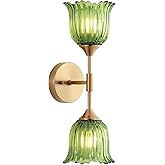 BYOLIIMA 2-Lights Gold Wall Sconce with Green Glass Shades Modern Mid Century Bathroom Vanity Wall Light Fixtures Industrial 