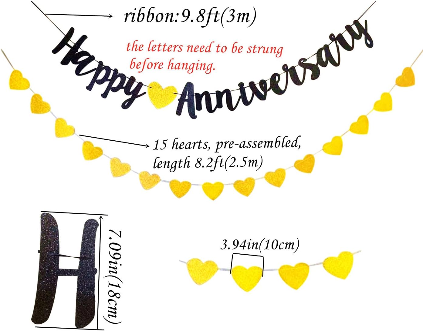 Happy Anniversary Banner Gold and Black Glitter Banner with Gold Heart ...