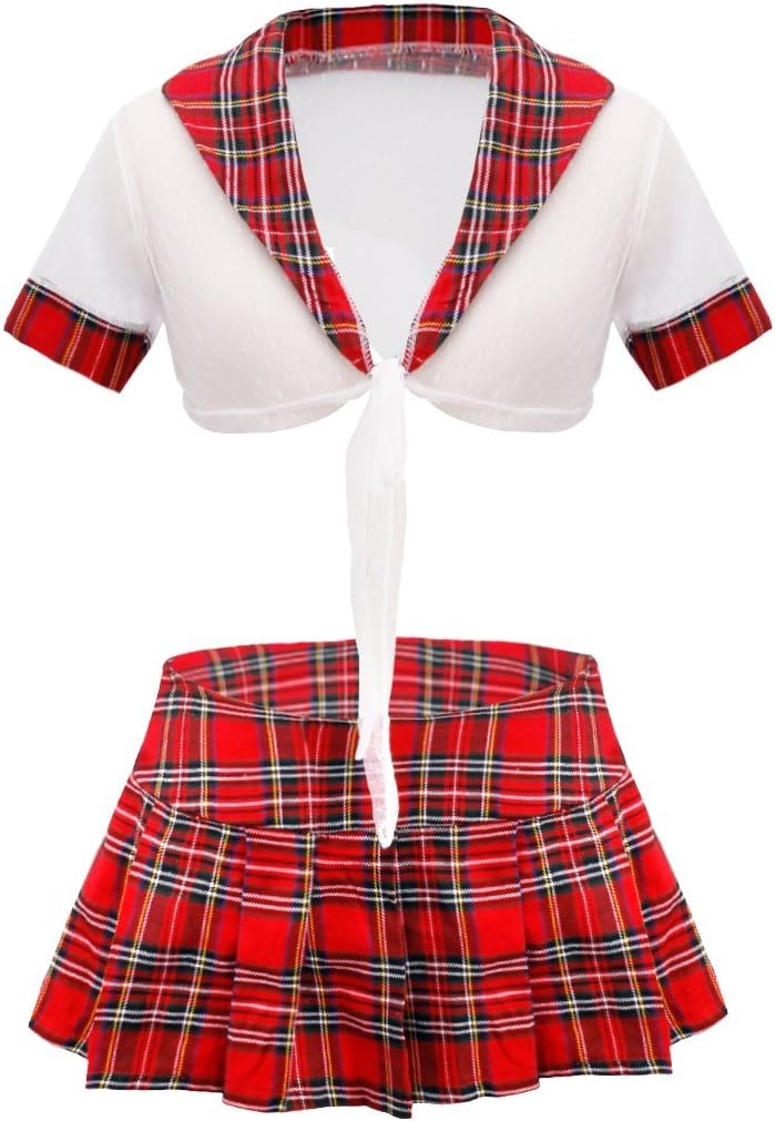 FI9 STITCHING Women's Sexy School Girl Costume Front Tie Knot Blouse with Mini Skirt Dress Honeymoon Babydoll Set Dress