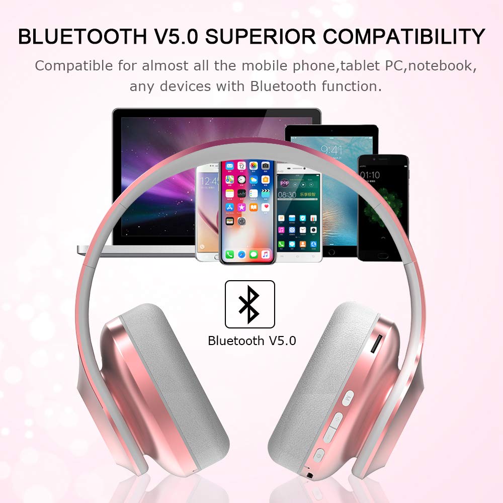 Cuffie Bluetooth 5.0 Senza Fili, Sunvito Pieghevole Auricolari con Mic, Lettore MP3, Radio FM, Wireless e Cuffie Cablate, Christmas Regalo Cuffie Over Ear (Oro Rosa)