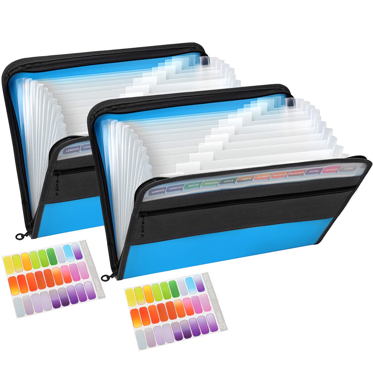Pack of 2 TRANBO 13 Pockets Expanding File Folder with Zipper Closure, A4 Plastic Document Wallet Paperwork Organiser with Handy Front Pocket for Home Office Stationary Storage (Blue)