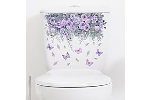 2Pcs Waterproof Toilet Decals, Botanical Floral Design with Purple Roses and Butterflies, Self-Adhesivefor Bathroom Decor (3.