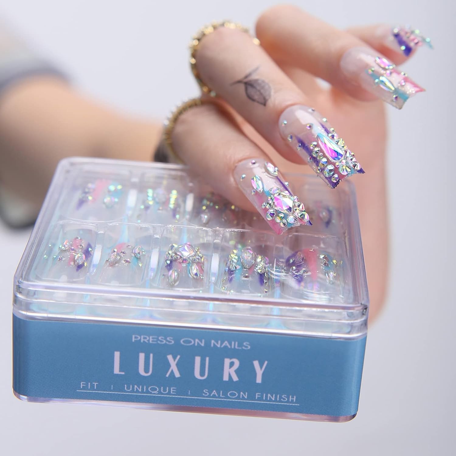MqpQ Long Square Press On Nails With Rhinestones Luxury Rainbow Extra Fake Nails 24pcs Glossy Full Cover False Nails For Women And Girls - Image 6