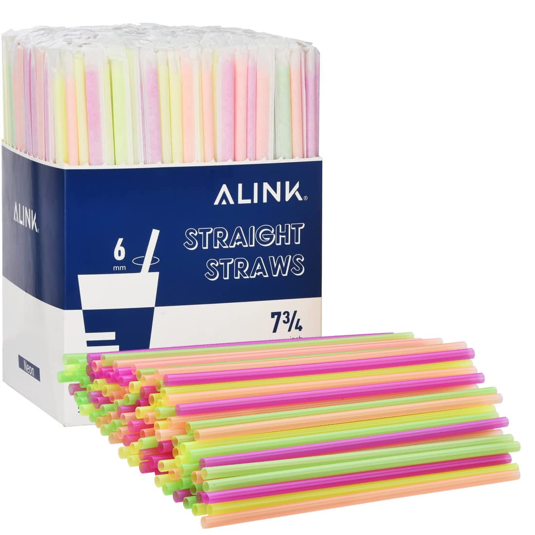 Photo 1 of ALINK 500-Pack Plastic Disposable Drinking Straws Individually Wrapped, Neon Colored Straight Party Straws - 7.75" x 0.23"