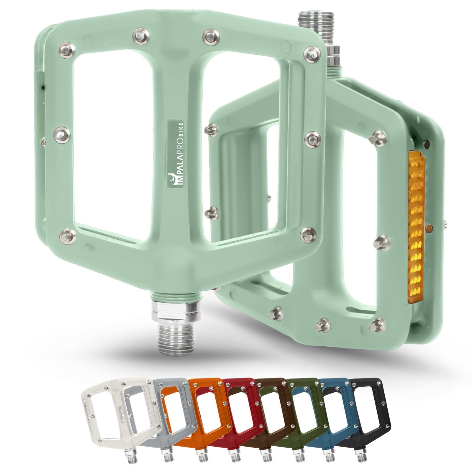 IMPALAPRO - Bike Pedals with Reflective in Nylon Fiber - Flat Bike Pedal with Selaed Bearing 9/16" - Mountain Bike - BMX - Road Bike - Flat with Reflectors (Light Green)