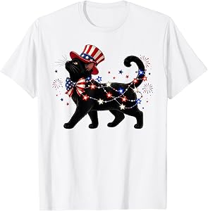 Patriotic Black Cat and Fireworks 4th of July Cat Lovers T-Shirt