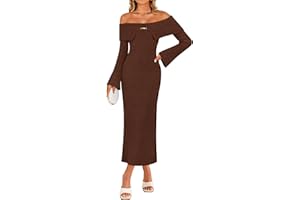 ZESICA Women's Fall Off Shoulder Sweater Dress 2025 Bell Long Sleeve Ribbed Knit Bodycon Formal Maxi Dresses