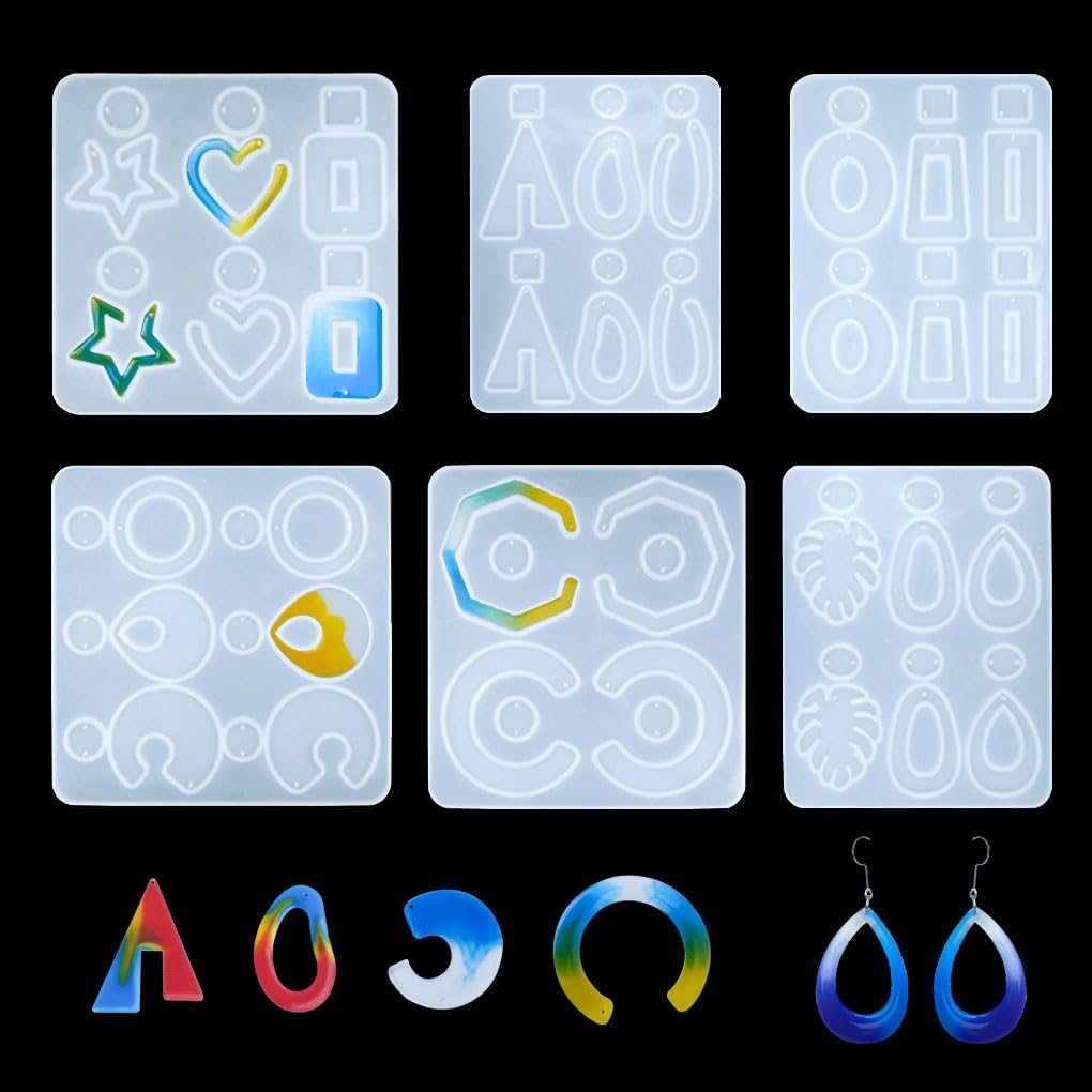 FineInno 6 Pack Earring Resin Moulds Pendant Jewellery Making Molds with Hanging Hole Bohemian Drop Dangle Epoxy Casting Silicone Mould DIY Craft
