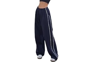 Aedceal Women's Parachute Pants Baggy Track Y2K Black Elastic Waist Wide Leg Trousers