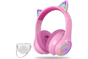 LOBKIN Bluetooth 5.4 Kids Headphones with Case - RGB LED Light Up Cat Ears Foldable Adjustable Over Ear Headphone Support Wireless or 3.5mm Wired Mode for Toddler & Girls & Boys Teens