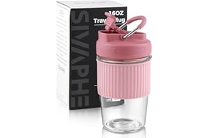 Sivaphe Reusable Glass Coffee Cup 16 oz, Portable Travel Mug with Spill-Proof Lid and Protect Sleeve for Home Office Pink