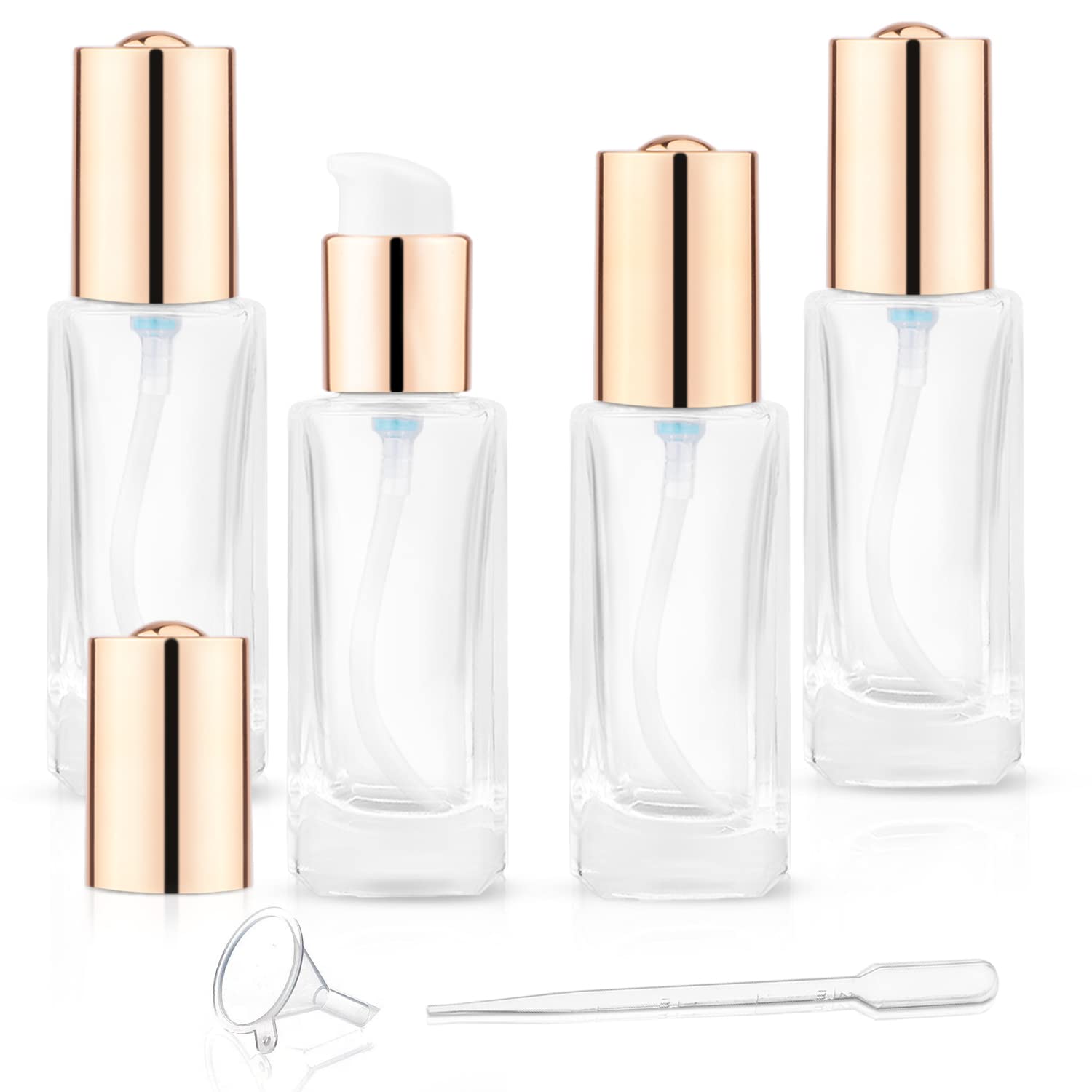 Photo 1 of 3 Pack 30ml/1oz Clear Glass Pump Bottle Empty Square Lotion Foundation Container Refillable Cosmetic Dispenser with Press Pump for Essence Emulsion Cleanser Body Cream - Golden Lid