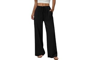 Women Linen Pants Wide Leg Casual Palazzo Trousers Summer Fashion Clothing Business Casual Beach Pants with Pockets