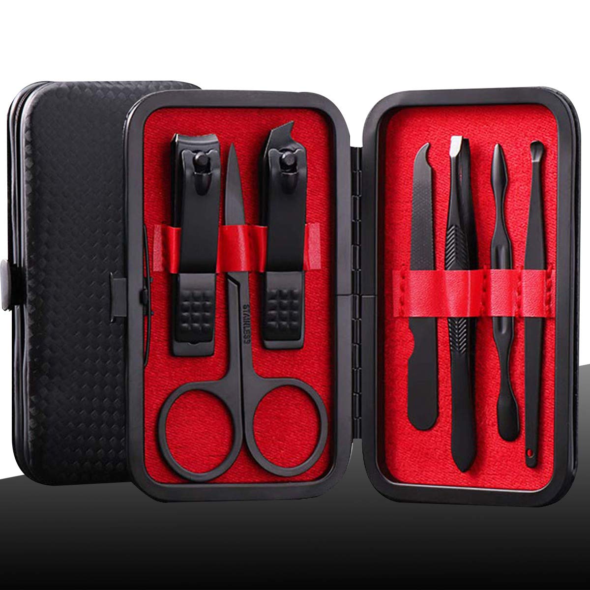 Manicure Set Professional Pedicure Kit Nail Clippers Set Steel Black 7 in 1 Grooming Kit Nail Scissors Cutter Ear Pick Tweezers Scissors Eyebrow Nail file Nail Kit for Man Women gift (Red_7 in 1)